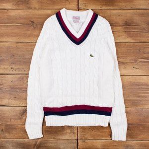Vintage Lacoste Tilden XL 70s Izod Cable Knit V Neck Cricket Prep Sweater